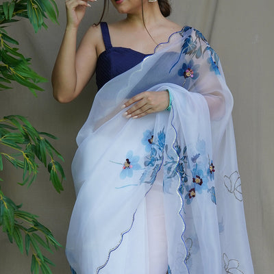 White And Blue Organza Saree