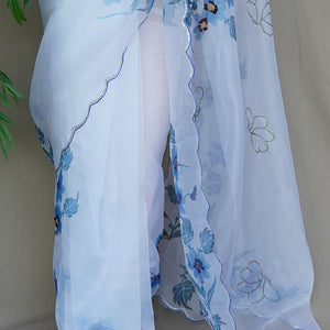 White And Blue Organza Saree