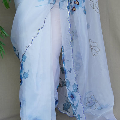 White And Blue Organza Saree
