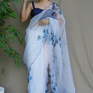 White And Blue Organza Saree