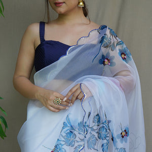 White And Blue Organza Saree
