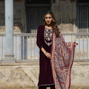 Burgundy Velvet Straight Kurta Pant With Dupatta PKSKD1766