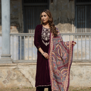 Burgundy Velvet Straight Kurta Pant With Dupatta PKSKD1766