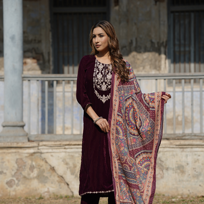 Burgundy Velvet Straight Kurta Pant With Dupatta PKSKD1766