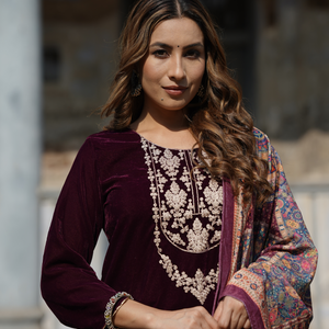Burgundy Velvet Straight Kurta Pant With Dupatta PKSKD1766