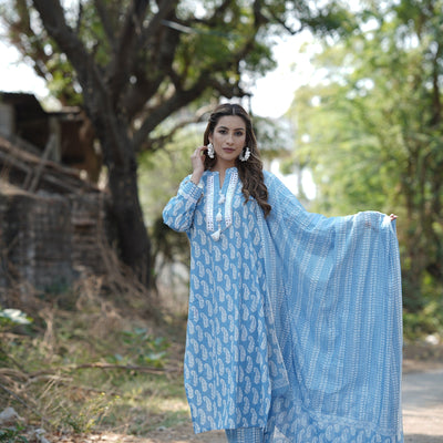 Blue Cotton Straight Kurta Pant With Dupatta VKSKD1628
