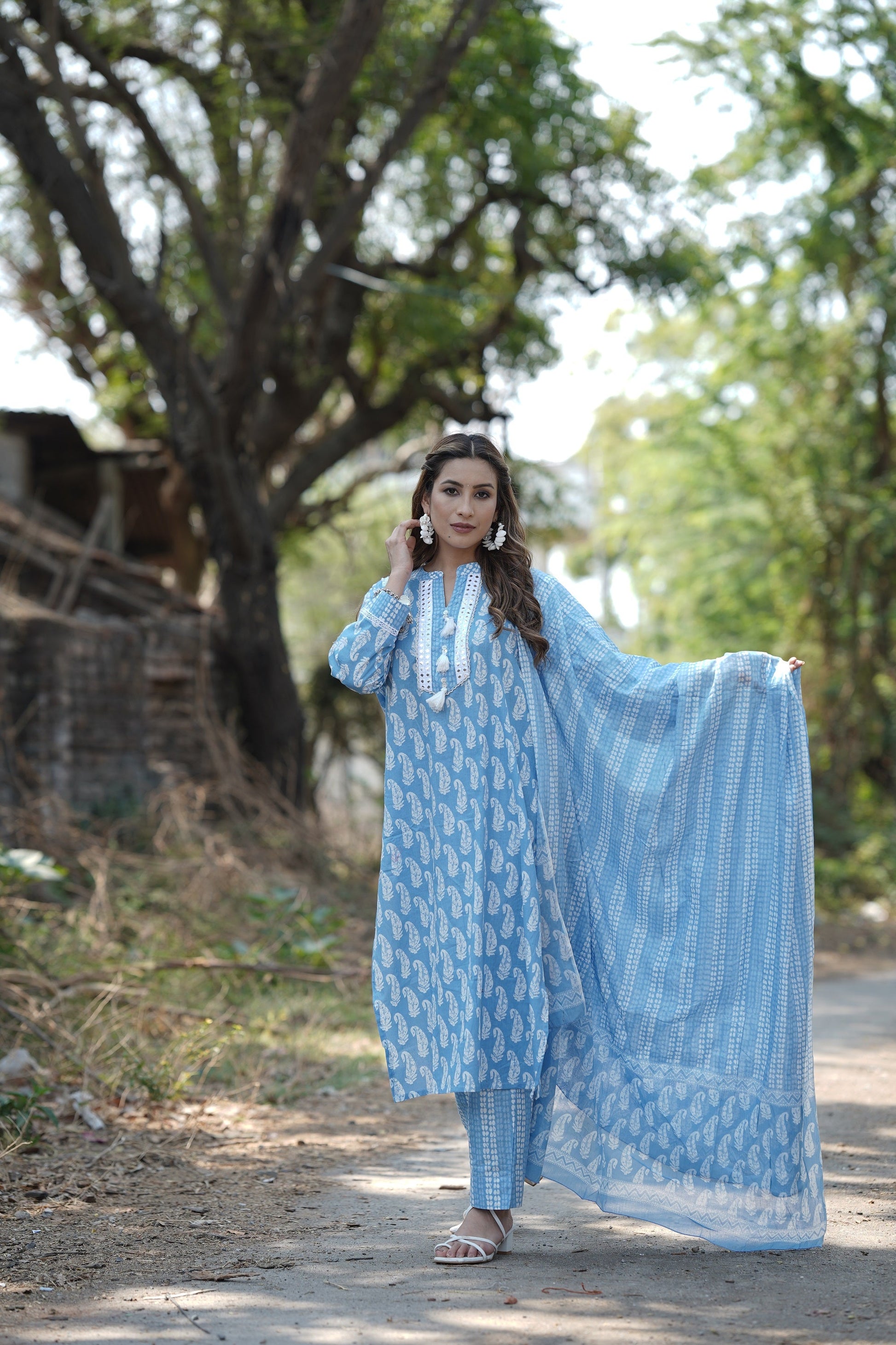Blue Cotton Straight Kurta Pant With Dupatta VKSKD1628