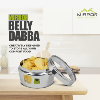 Mirror Stainless Steel Belly Dabba with See Through Glass Lid | Silver | 1 Pc