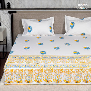 Fitted King Size Cotton Bedsheet - Ethnic Motif - Yellow