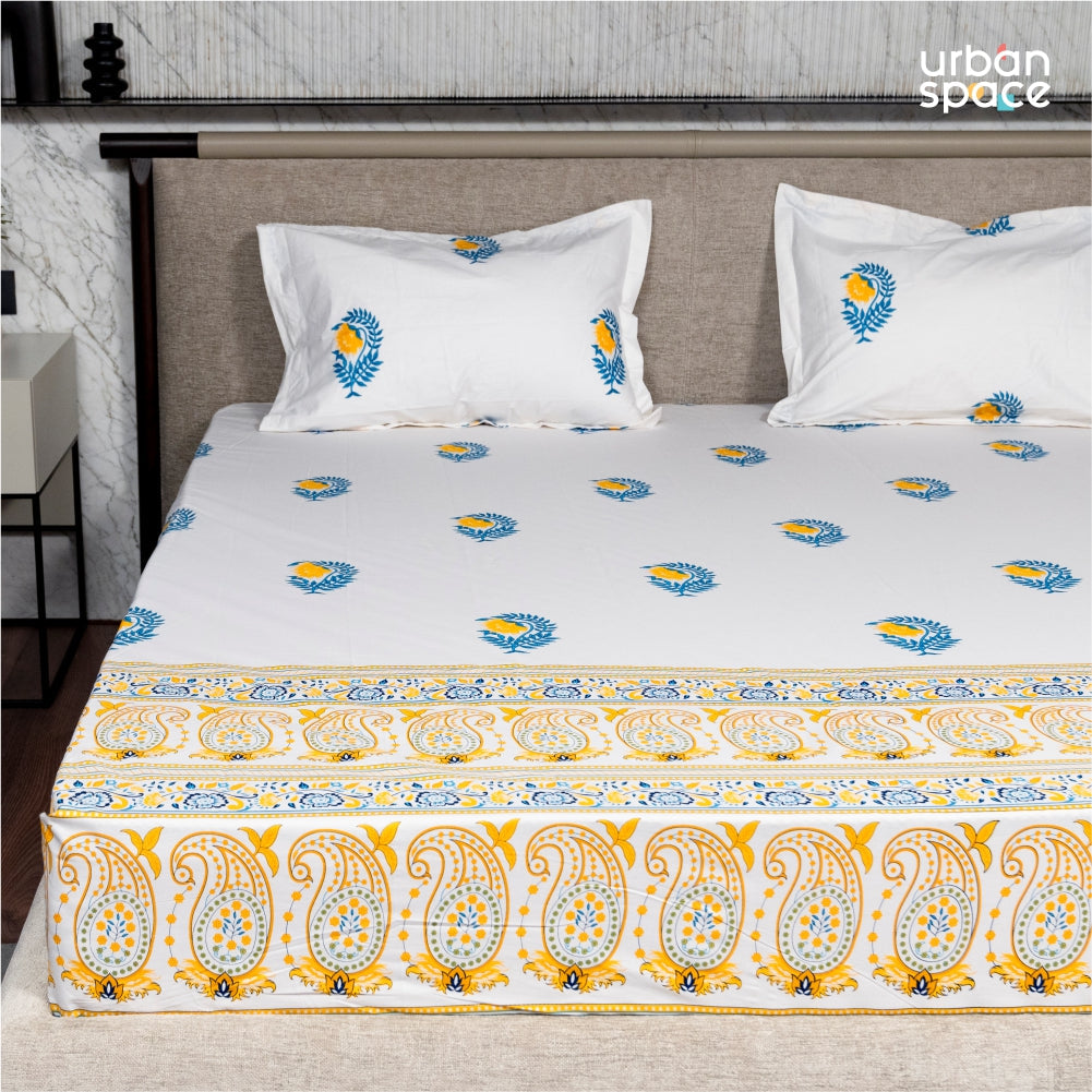 Fitted King Size Cotton Bedsheet - Ethnic Motif - Yellow