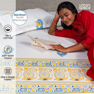 Fitted King Size Cotton Bedsheet - Ethnic Motif - Yellow