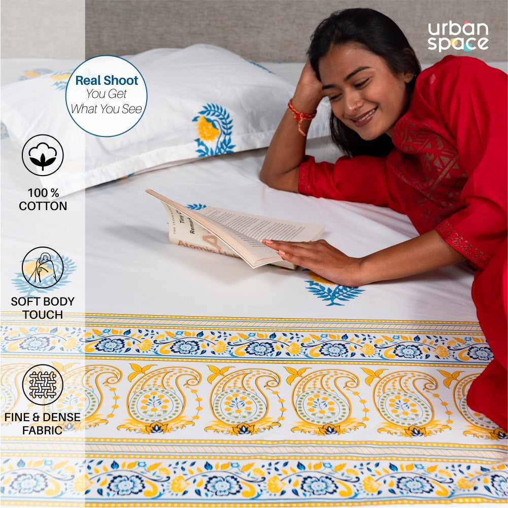 Fitted King Size Cotton Bedsheet - Ethnic Motif - Yellow