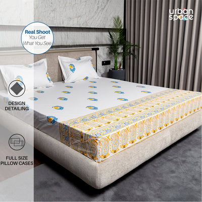 Fitted King Size Cotton Bedsheet - Ethnic Motif - Yellow