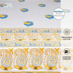 Fitted King Size Cotton Bedsheet - Ethnic Motif - Yellow