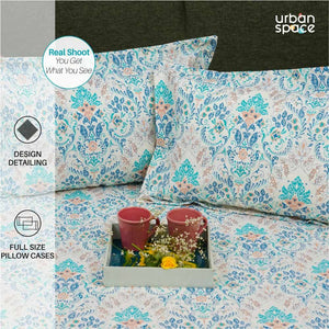 Regal Collection - Breathable 200 TC 100% Pure Cotton Single Bedsheet with Pillow Cover, Mughal Garden - Blue