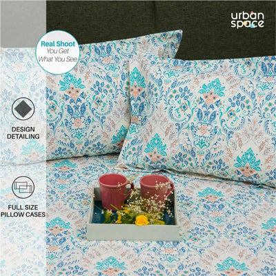 Regal Collection - Breathable 200 TC 100% Pure Cotton Single Bedsheet with Pillow Cover, Mughal Garden - Blue