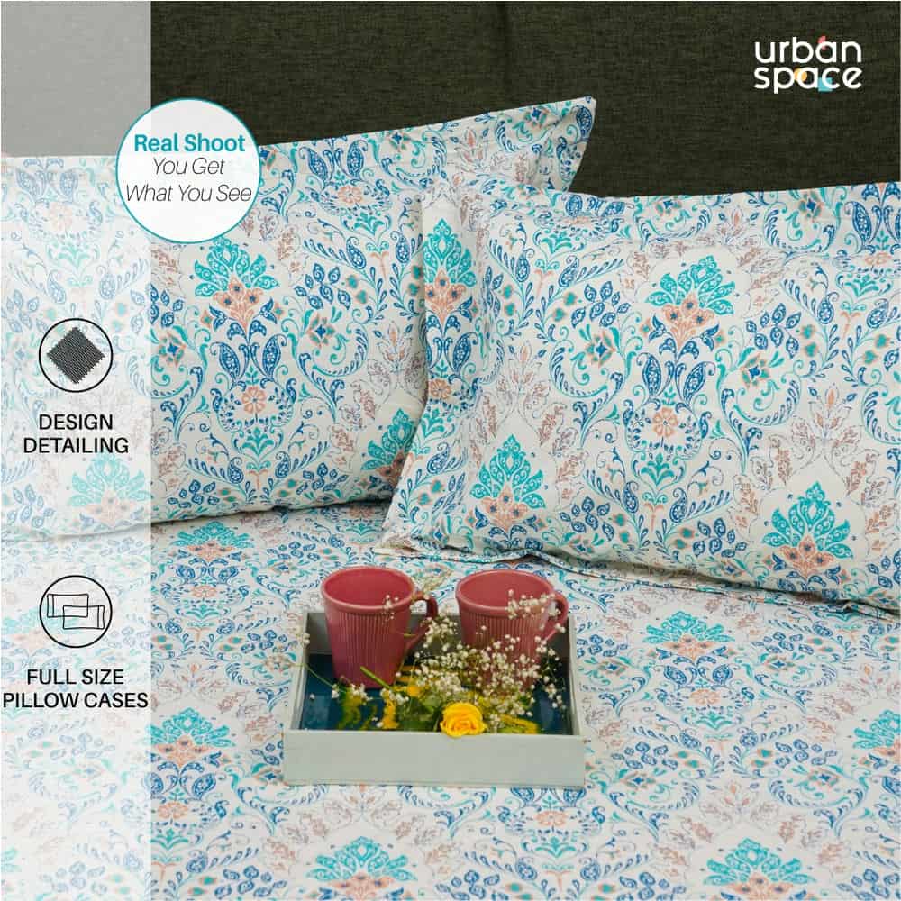 Regal Collection - Breathable 200 TC 100% Pure Cotton Single Bedsheet with Pillow Cover, Mughal Garden - Blue