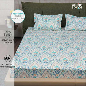 Regal Collection - Breathable 200 TC 100% Pure Cotton Single Bedsheet with Pillow Cover, Mughal Garden - Blue