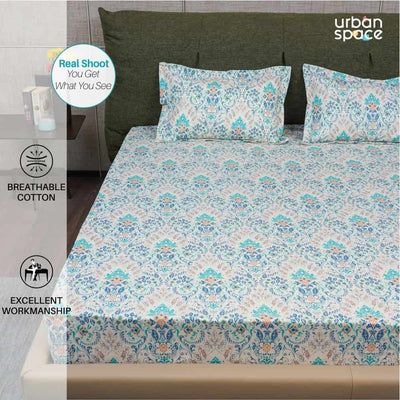 Regal Collection - Breathable 200 TC 100% Pure Cotton Single Bedsheet with Pillow Cover, Mughal Garden - Blue