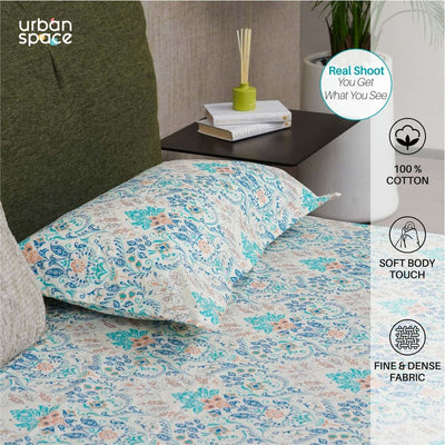 Regal Collection - Breathable 200 TC 100% Pure Cotton Single Bedsheet with Pillow Cover, Mughal Garden - Blue