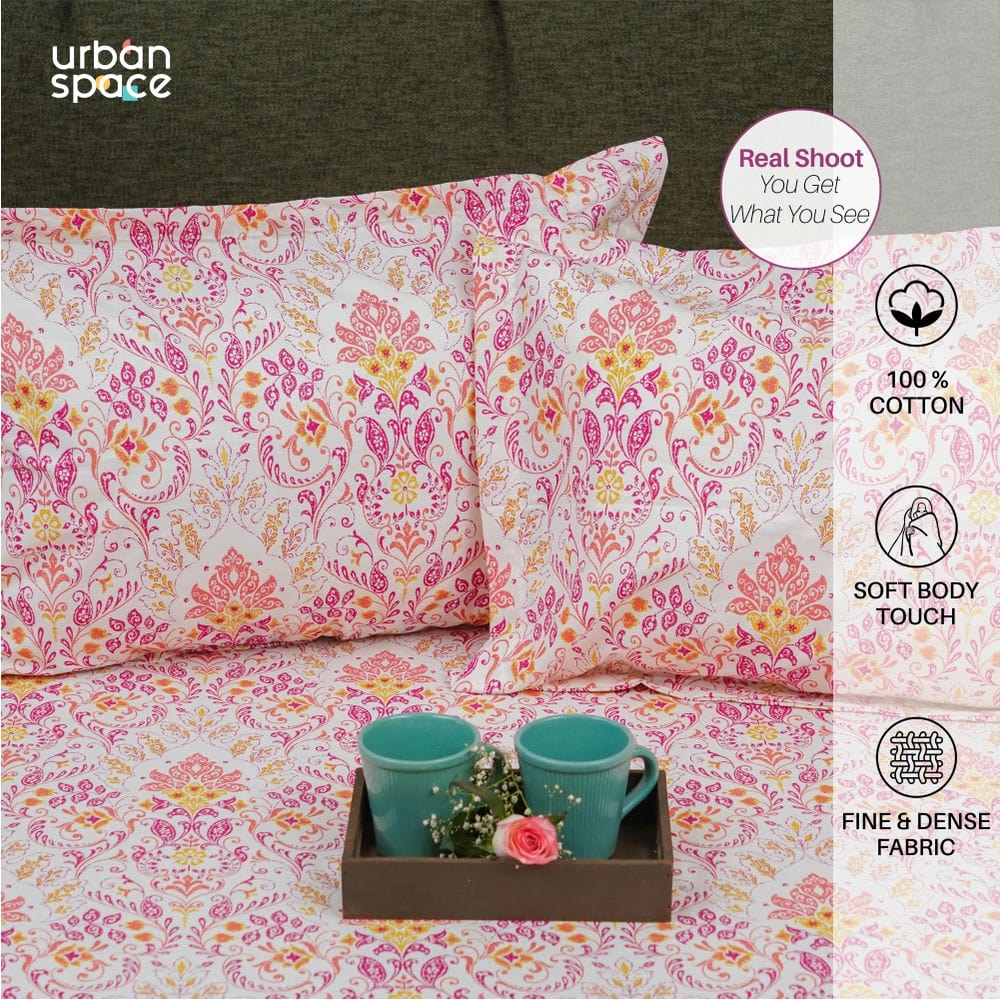 Regal Collection - Breathable 200 TC 100% Pure Cotton Single Bedsheet with Pillow Cover, Mughal Garden-Peach