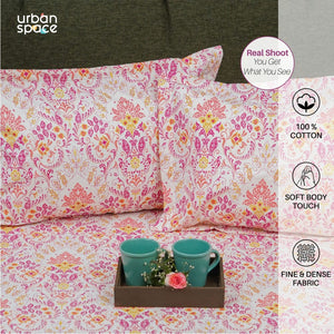 Fitted King Size Cotton Bedsheet - Mughal Garden-Peach