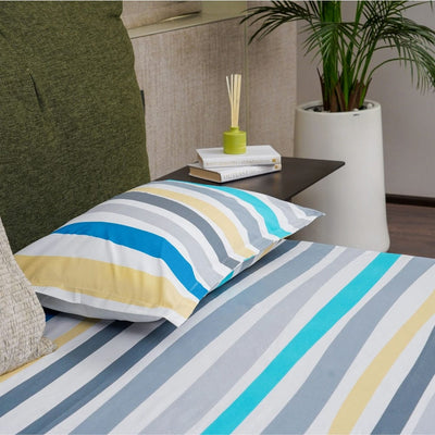 Fitted King Size Cotton Bedsheet - MultiColour Stripes - Blue