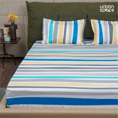 Serene Collection - Breathable 200 TC 100% Pure Cotton Single Bedsheet with Pillow Cover, MultiColour Stripes - Blue