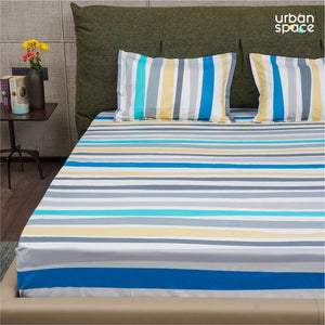 Fitted King Size Cotton Bedsheet - MultiColour Stripes - Blue