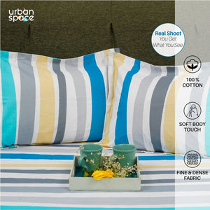 Fitted King Size Cotton Bedsheet - MultiColour Stripes - Blue