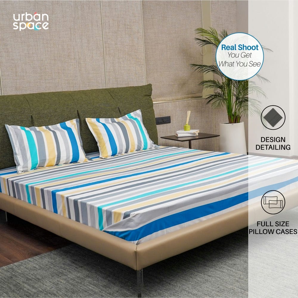 Fitted King Size Cotton Bedsheet - MultiColour Stripes - Blue