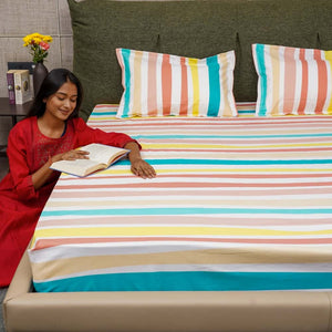 Serene Collection - Breathable 200 TC 100% Pure Cotton Single Bedsheet with Pillow Cover, MultiColour Stripes-Pastel