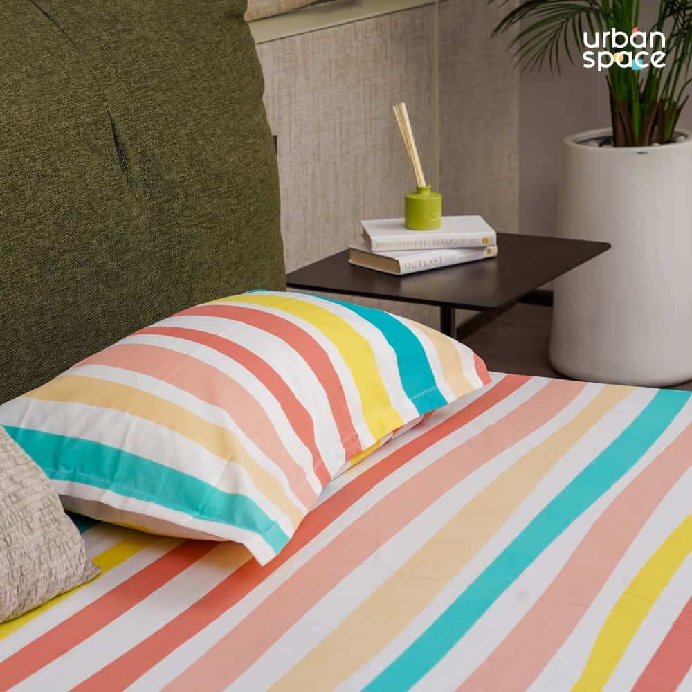 Serene Collection - Breathable 200 TC 100% Pure Cotton Single Bedsheet with Pillow Cover, MultiColour Stripes-Pastel