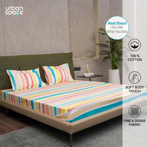 Serene Collection - Breathable 200 TC 100% Pure Cotton Single Bedsheet with Pillow Cover, MultiColour Stripes-Pastel