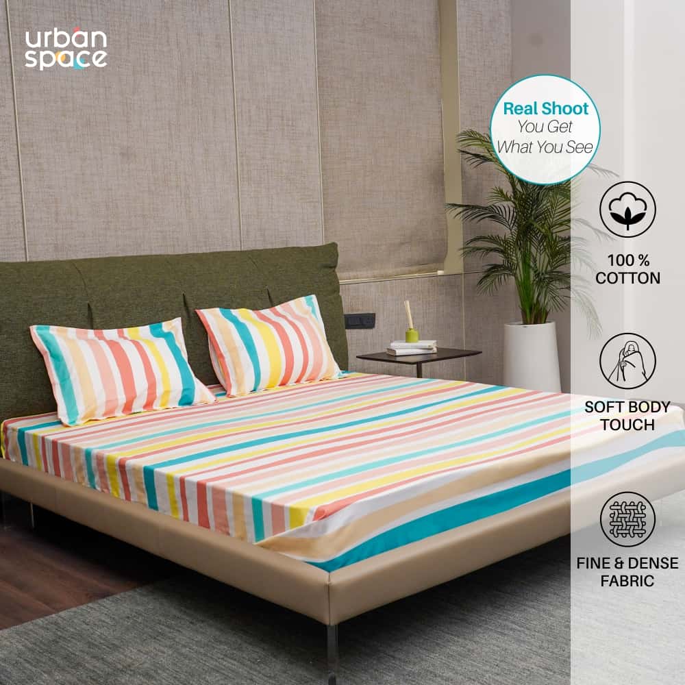 Fitted King Size Cotton Bedsheet - MultiColour Stripes-Pastel