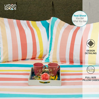 Serene Collection - Breathable 200 TC 100% Pure Cotton Single Bedsheet with Pillow Cover, MultiColour Stripes-Pastel