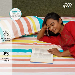 Serene Collection - Breathable 200 TC 100% Pure Cotton Single Bedsheet with Pillow Cover, MultiColour Stripes-Pastel