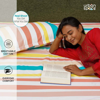 Fitted King Size Cotton Bedsheet - MultiColour Stripes-Pastel
