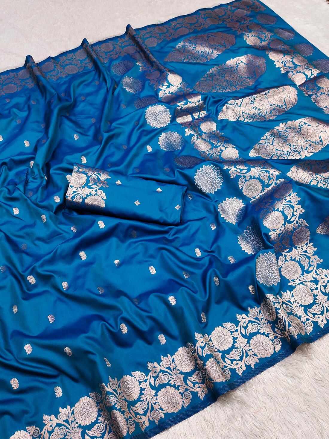 Desultory Blue Soft Banarasi Silk Saree With Staring Blouse Piece