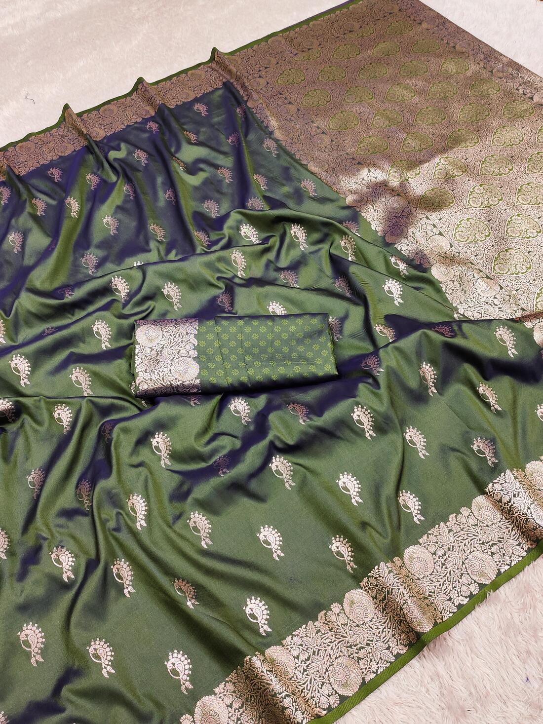 Radiant Mehndi Soft Banarasi Silk Saree With Susurrous Blouse Piece