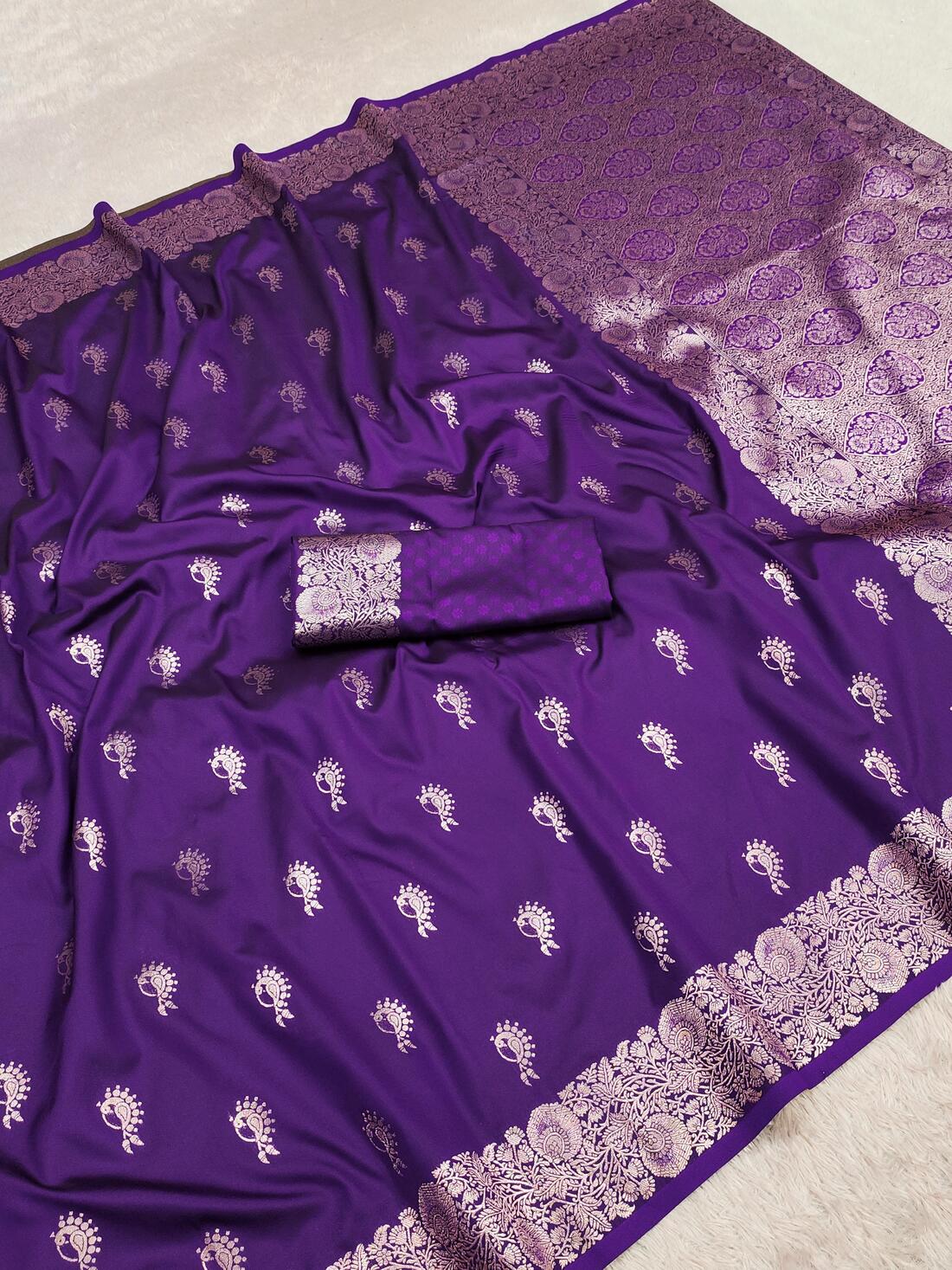 Flaunt Royal Purple Soft Banarasi Silk Saree With Scintilla Blouse Piece