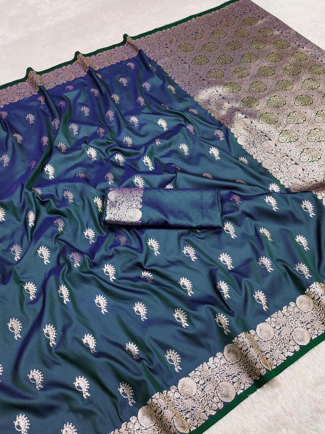 Surreptitious Teal Blue Soft Banarasi Silk Saree With Snazzy Blouse Piece
