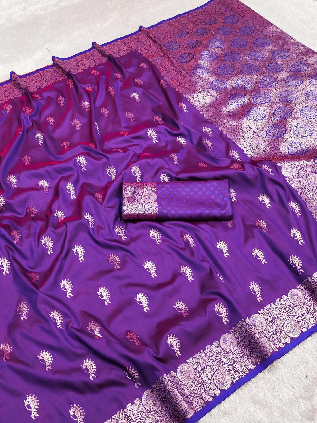 Demanding Violet Soft Banarasi Silk Saree With Adoring Blouse Piece
