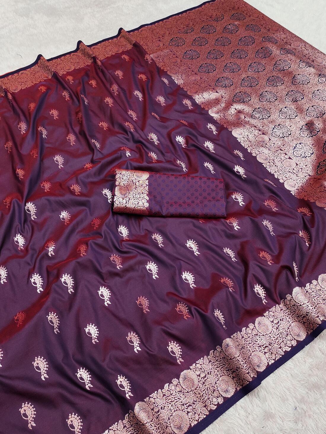 Impressive Wine Soft Banarasi Silk Saree With Panache Blouse Piece