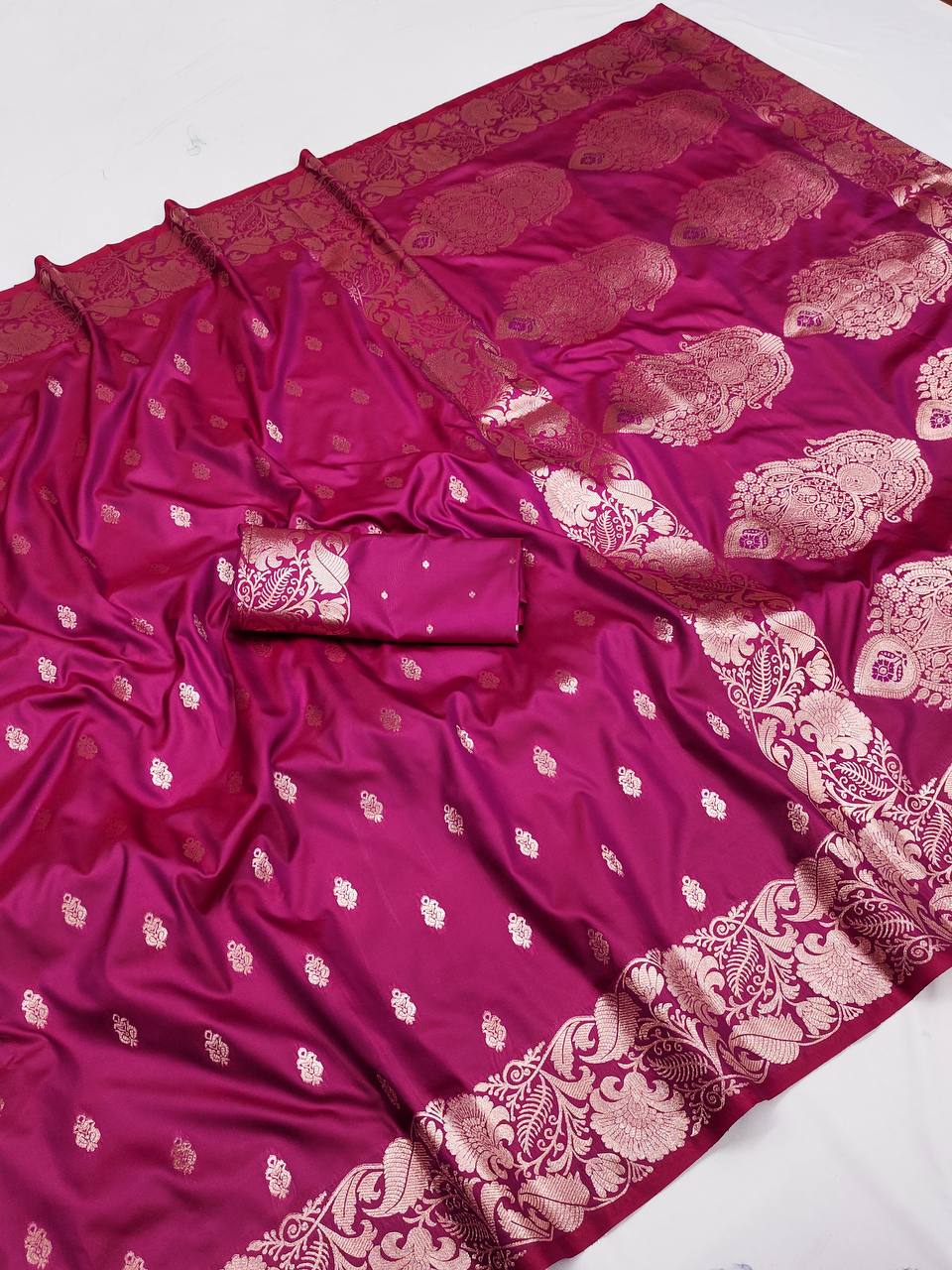 Dazzling Dark Pink Soft Banarasi Silk Saree With Scintilla Blouse Piece