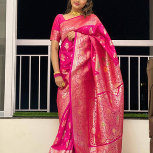 Gossamer Dark Pink Soft Banarasi Silk Saree With Imaginative Blouse Piece