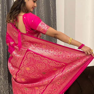 Gossamer Dark Pink Soft Banarasi Silk Saree With Imaginative Blouse Piece