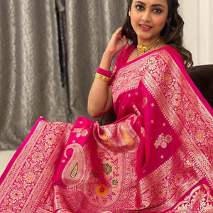 Gossamer Dark Pink Soft Banarasi Silk Saree With Imaginative Blouse Piece