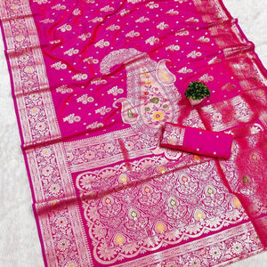 Gossamer Dark Pink Soft Banarasi Silk Saree With Imaginative Blouse Piece