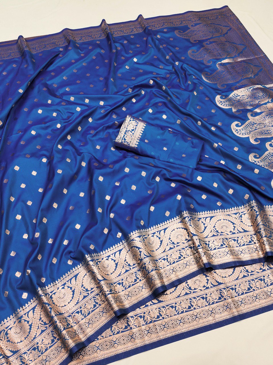 Classic Blue Soft Banarasi Silk Saree With Aplomb Blouse Piece
